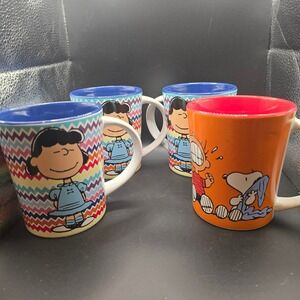 Peanuts Lucy and Snoopy Coffee Mug Set of 4 Cartoon Character Ceramic Drinkware